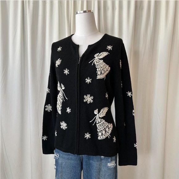 Talbots Sweaters - Vintage 1990s Talbots Black and white snow angel wool cardigan sweater size M